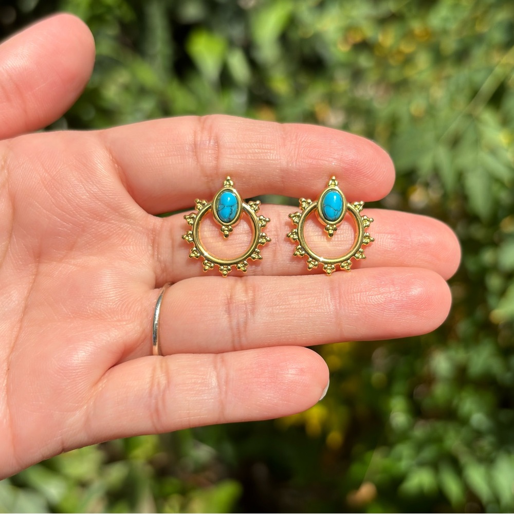 18K Gold Plated Stainless Steel Teal Stone Earrings